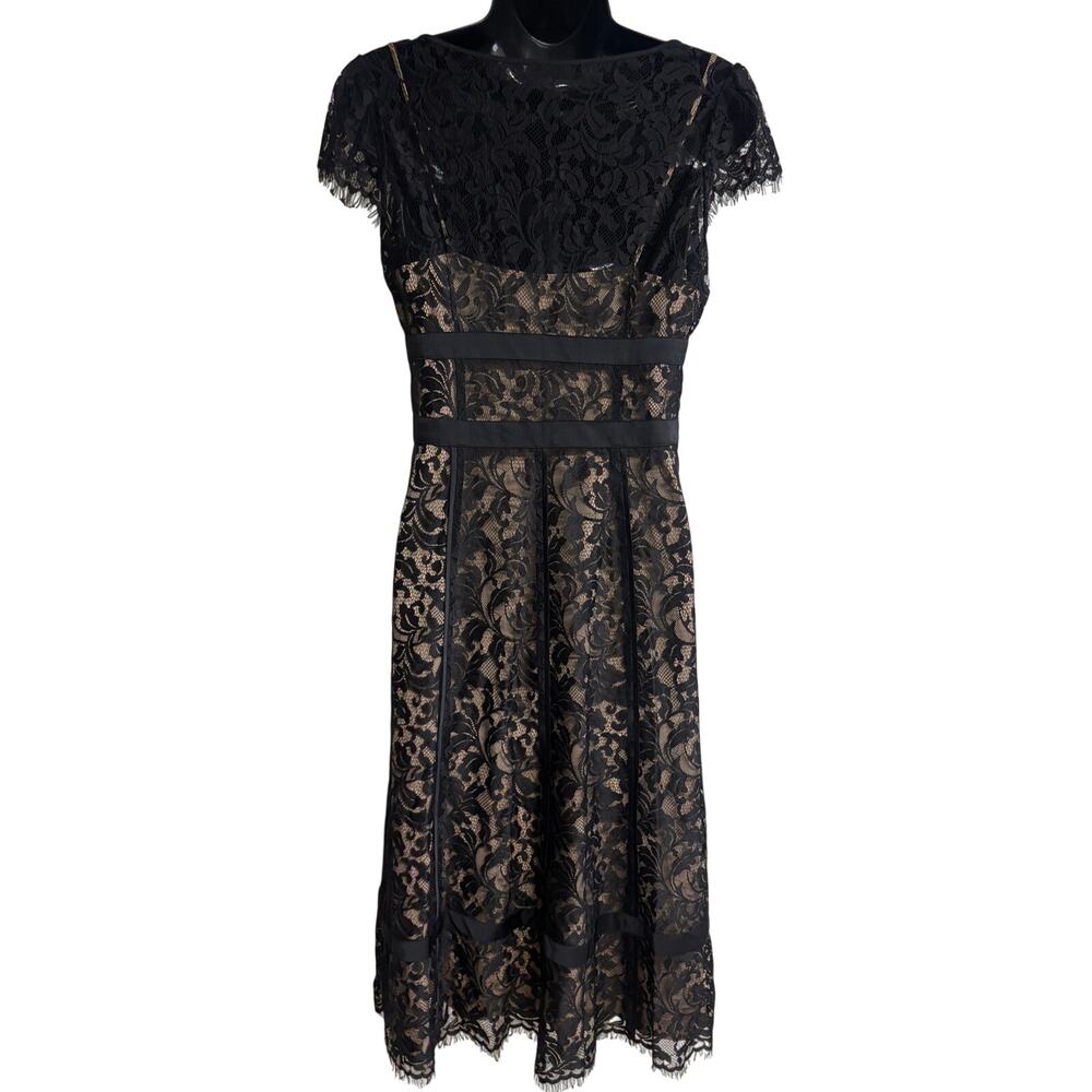 Ann Taylor Loft Black Lace Fit & Flare Dress Size 2 Nude Lined Midi Cocktail EUC - Picture 6 of 10